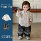 Long Sleeve Shirt Set for Boys Casual Stripe Outfit Kids Denim Pants Two-Piece Set