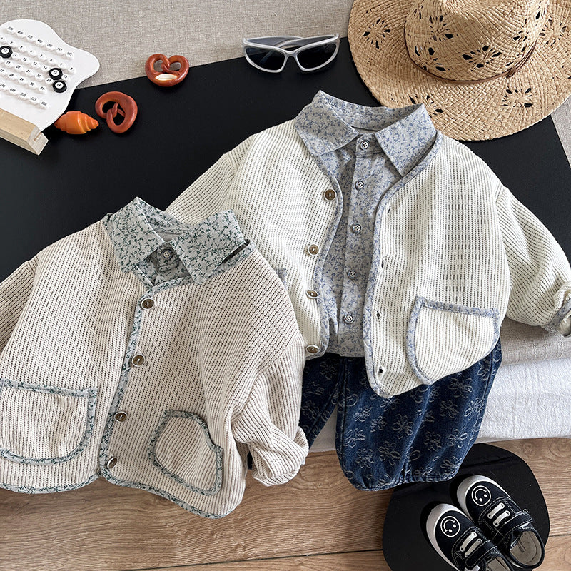 Children's clothing spring and autumn cardigan shirt three piece set