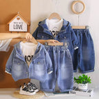 Hooded denim long sleeved three piece set