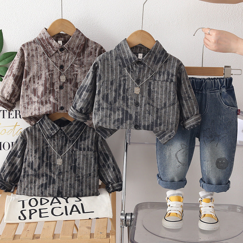 Spring and Autumn striped shirt long sleeved two-piece set