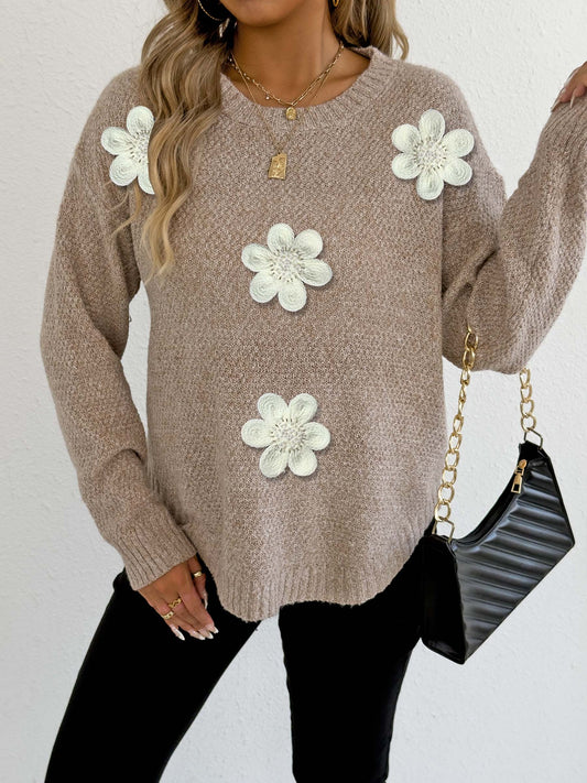 Strick-Top Damen bestickt mit 3D-Blumen-Patchwork, Rundhals