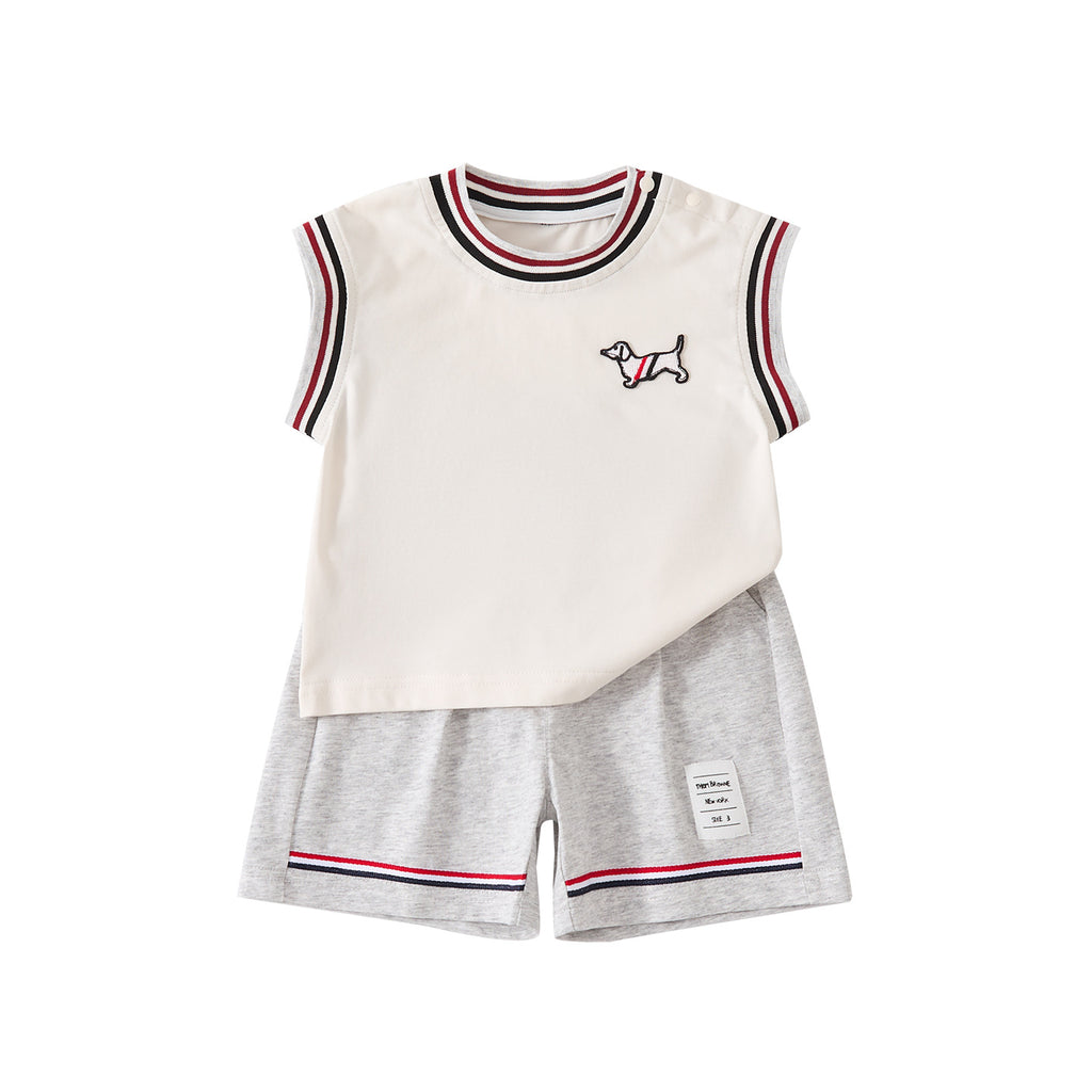 Color-Blocking Collar Cartoon Embroidered Vest with Breathable Shorts Knit Two-Piece Set