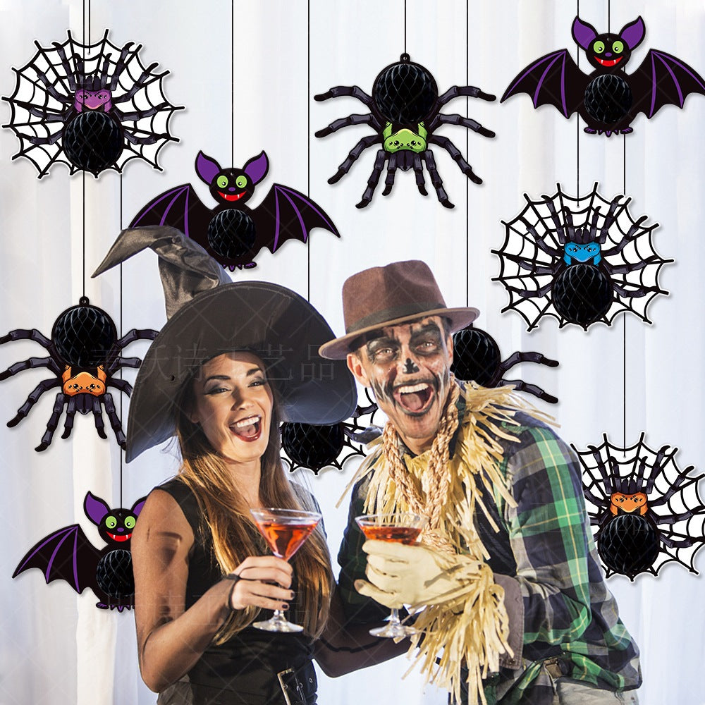 Halloween Decorative Hanging Ornament Spider Bat Honeycomb Ball Pendant 3D Spider Honeycomb Decoration