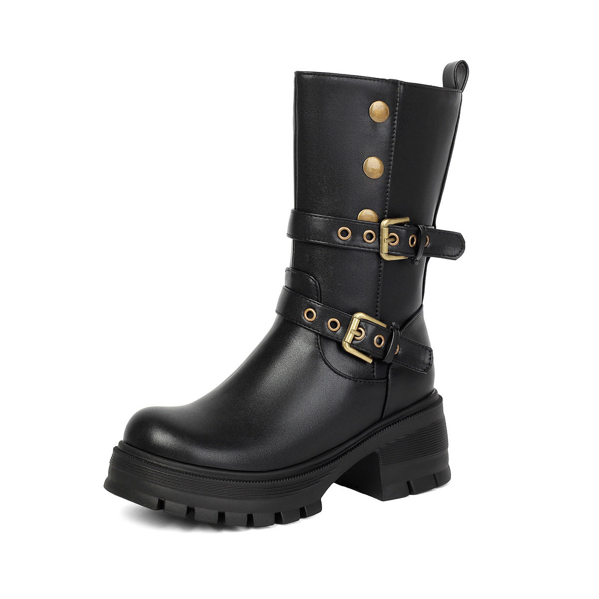 Damen Stiefeletten mit dicker Sohle und High Heel, Punk-Style mit Gürtelschnalle