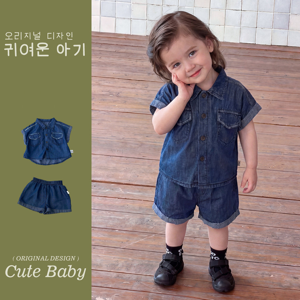 Casual  Thin Denim Outfit for Boys, A-Class Short Sleeve T-Shirt Stylish Two-Piece Clothing for Kids