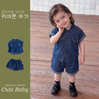 Casual  Thin Denim Outfit for Boys, A-Class Short Sleeve T-Shirt Stylish Two-Piece Clothing for Kids