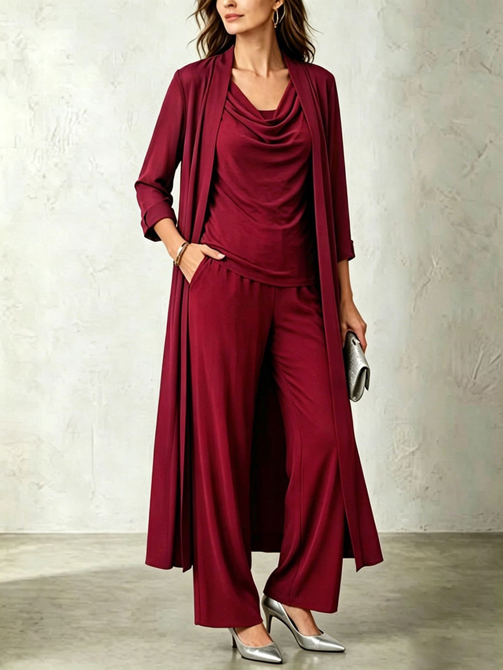 Long sleeved swing collar top long cardigan jacket long pants three piece set