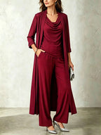 Long sleeved swing collar top long cardigan jacket long pants three piece set