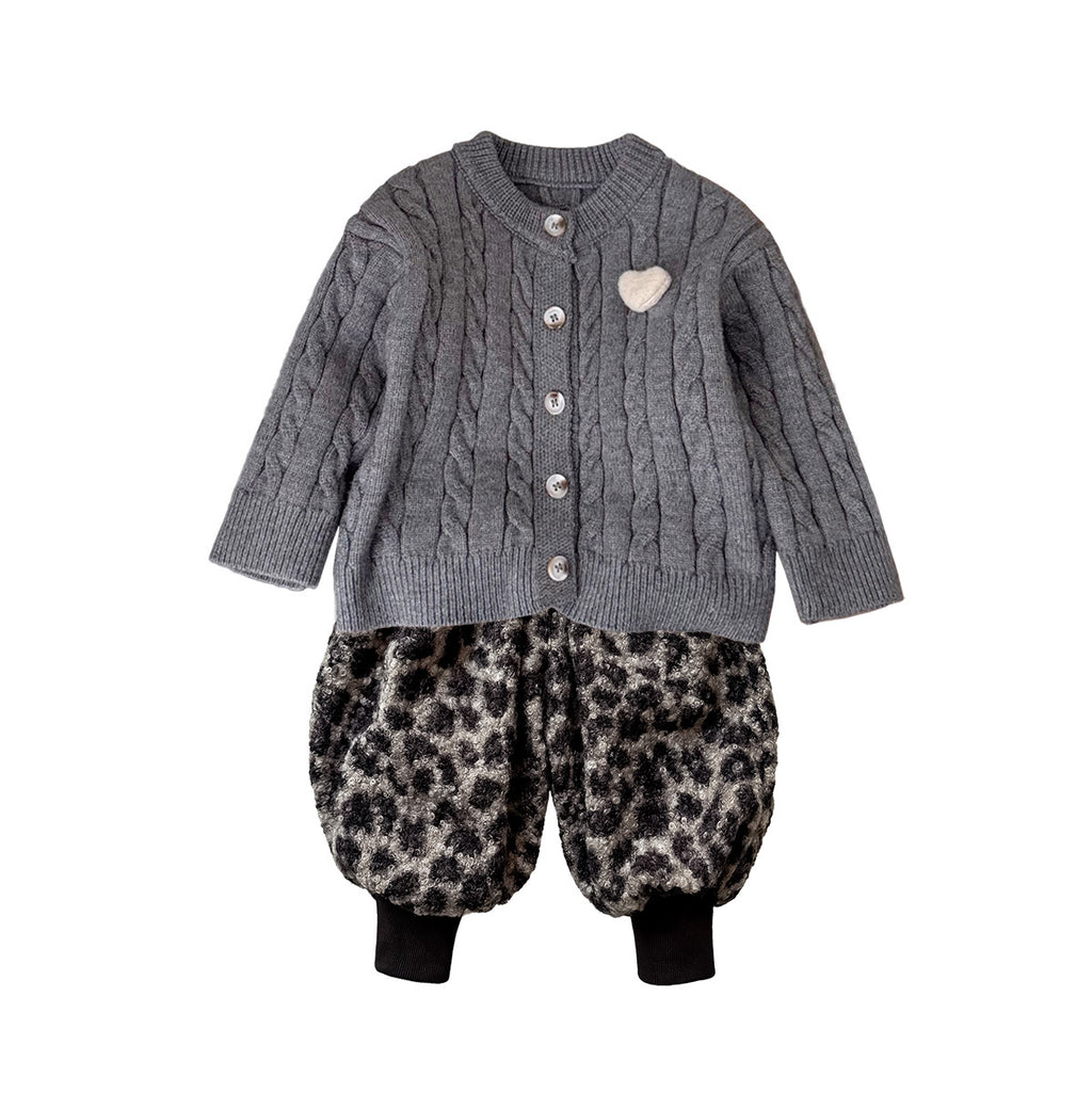 Cardigan Sweater Leopard Print Pants Three-Piece Set Outfit Boy Casual Clothing Set