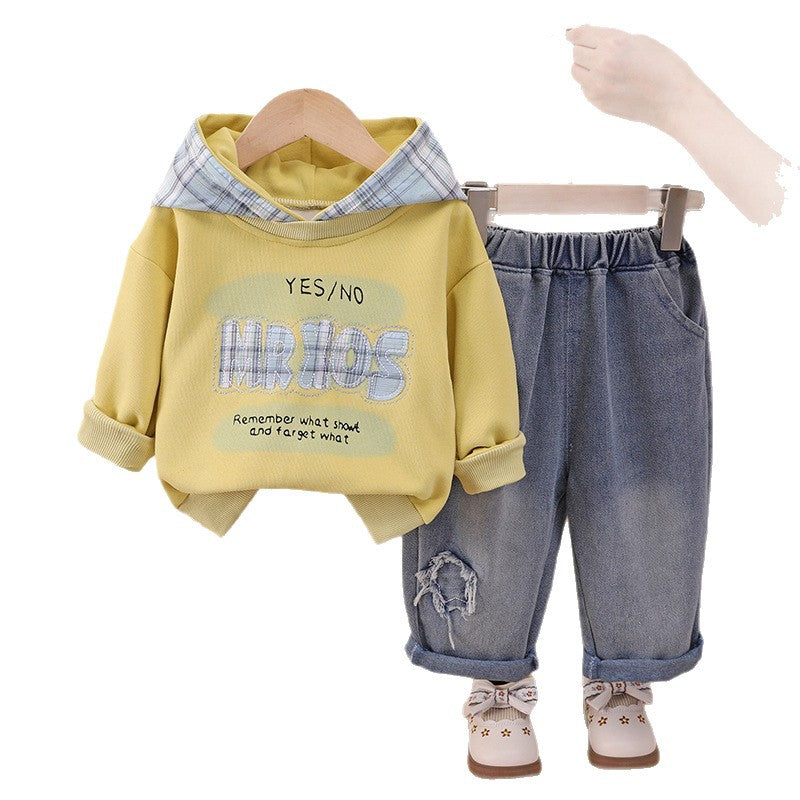 Autumn clothing baby hooded long sleeved two-piece set