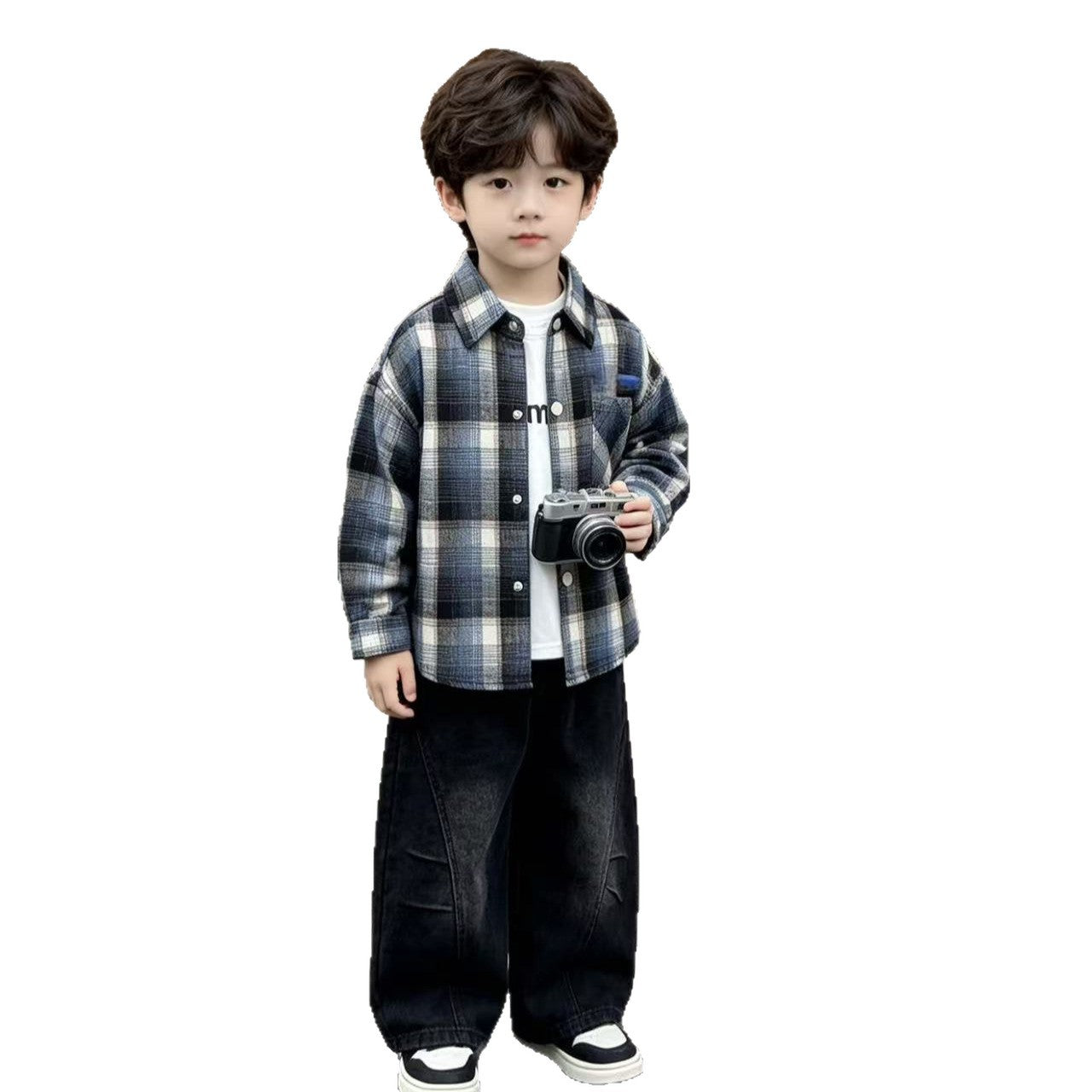 Small and medium-sized children's checkered shirt long sleeved three piece set