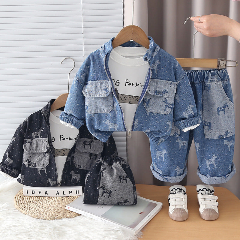 Baby Spring and Autumn Season Baby Children's Cowboy Long Sleeve Three Piece Set