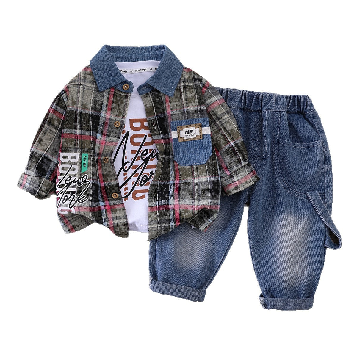 Checkered shirt casual long sleeved three piece set