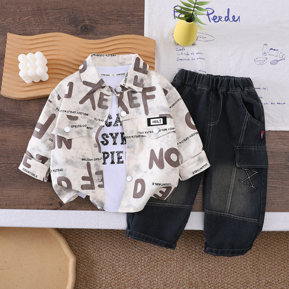 Baby and children's letter long sleeved three piece set baby spring and autumn clothes
