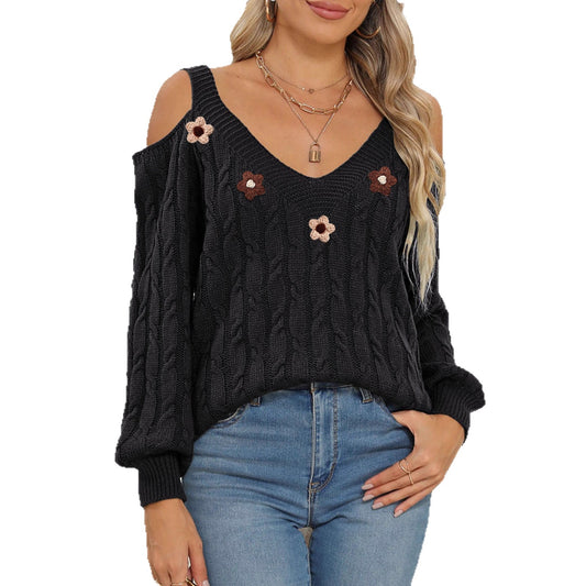 Damen Häkelpullover mit Off-Shoulder, tiefem V-Ausschnitt und 3D-Verzierungen