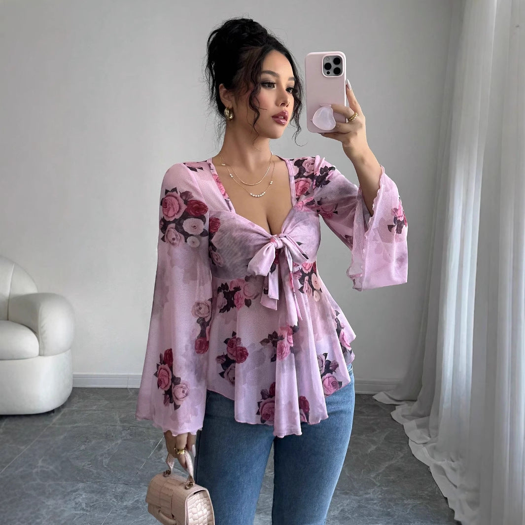 Sweet Floral Ombre Tie-Back Square Neck Long Sleeve Blouse