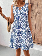 Elegant U-Neck Floral Print Sleeveless Dress with Ring Detail, Mid-Length Summer Dress for Women