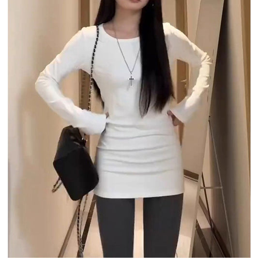 Basic Langarm-T-Shirt für Damen, Weiß, Slim Fit, gesäßbedeckend