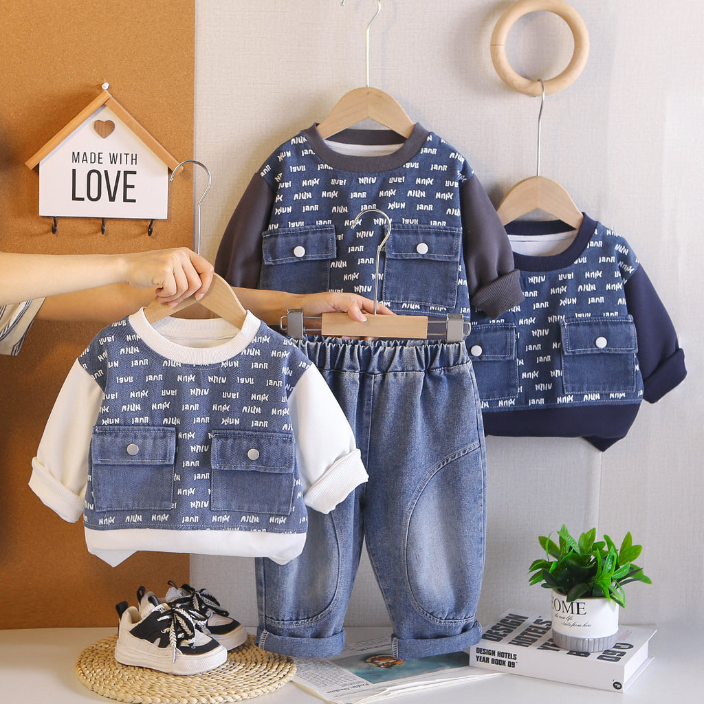 Spring and Autumn Baby Casual Splicing Letter Hoodie Two Piece Set