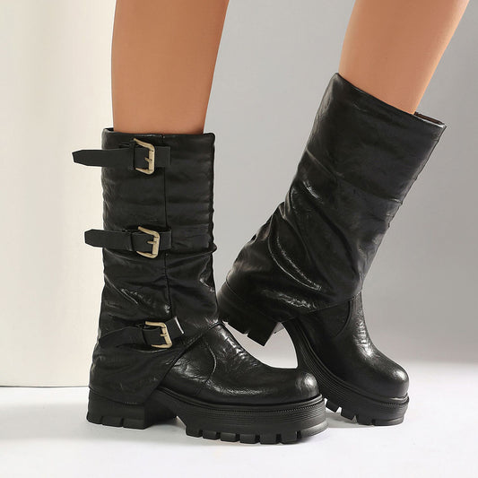 Kurzstiefel Damen mit Schnalle, Blockabsatz, zum Reinschlüpfen