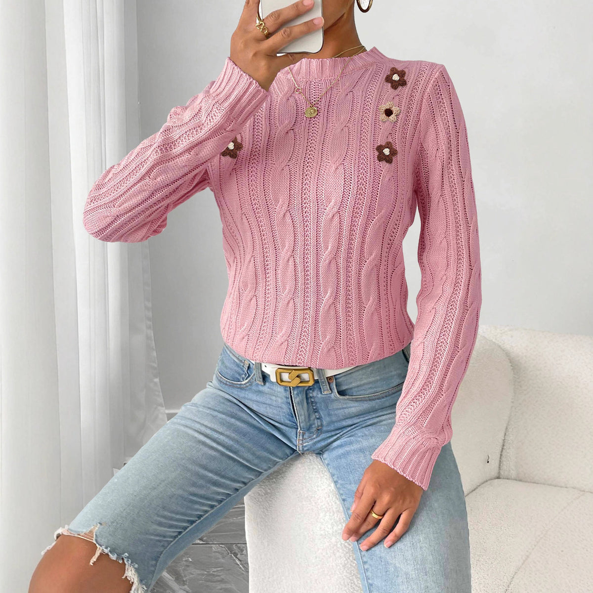 Strickpullover Damen Häkelblumen Patchwork Rundhals Basic