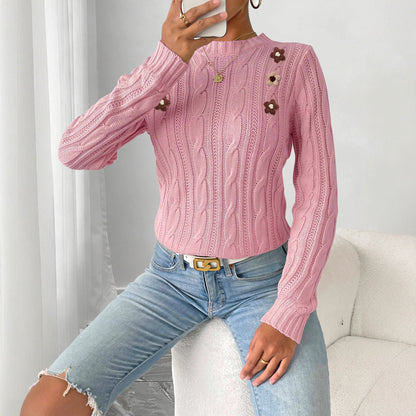 Strickpullover Damen Häkelblumen Patchwork Rundhals Basic