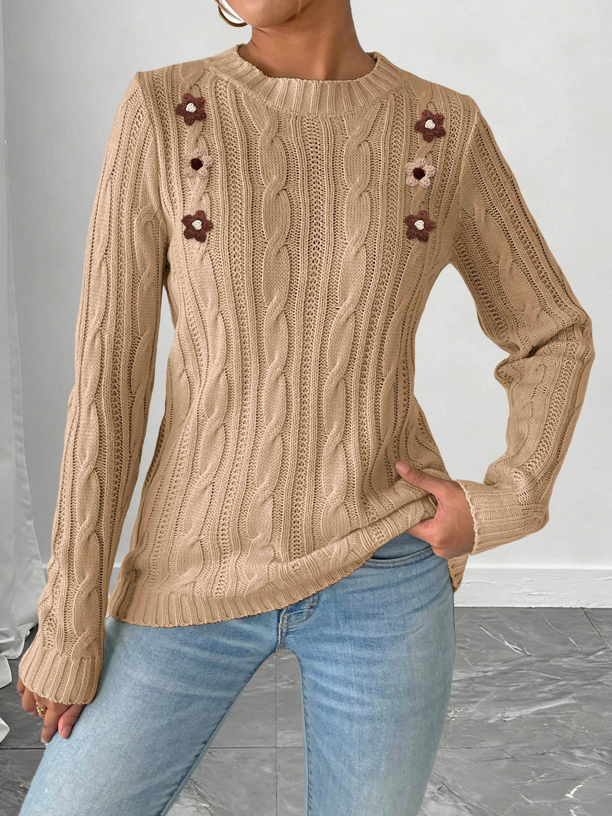 Strickpullover Damen Häkelblumen Patchwork Rundhals Basic