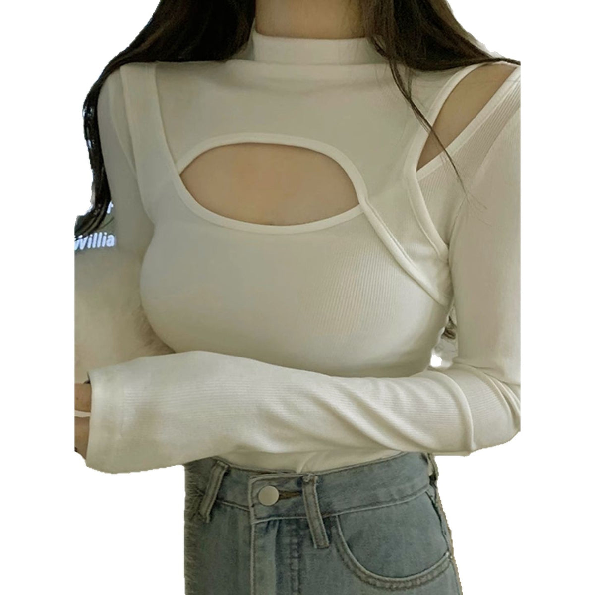 Damen Rippstrick-Top mit halbhohem Kragen, Schwarz, Cut-Out, eng anliegend, für Frühling & Herbst