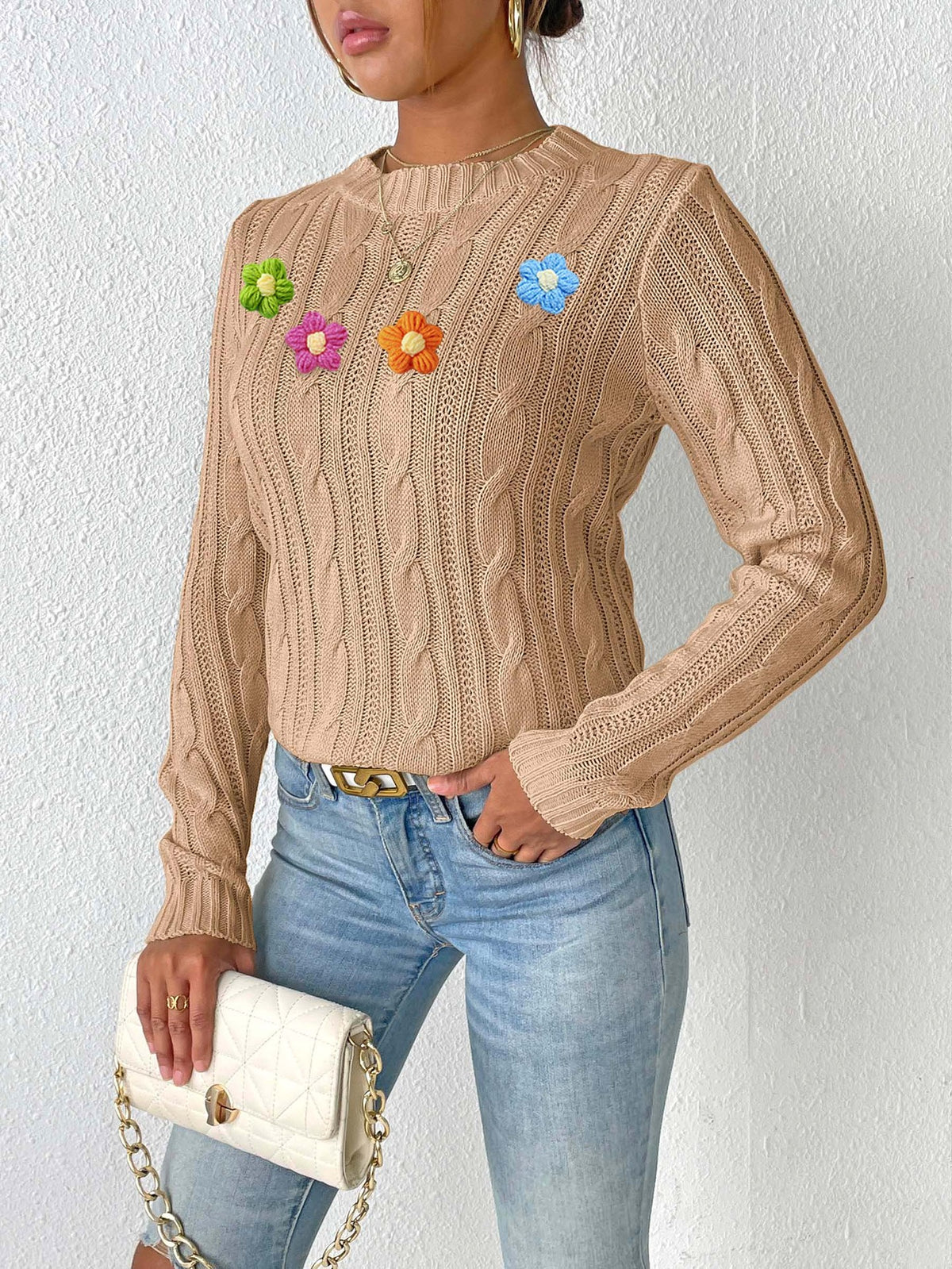 Damen-Top mit Rundhalsausschnitt, Pullover mit einfacher handgehäkelter Blumen-Applikation, gewebter Pullover