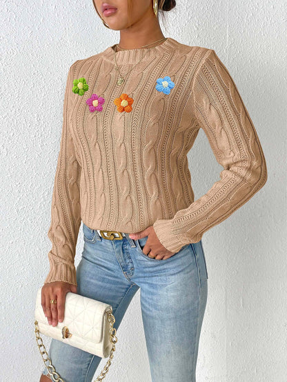 Damen-Top mit Rundhalsausschnitt, Pullover mit einfacher handgehäkelter Blumen-Applikation, gewebter Pullover