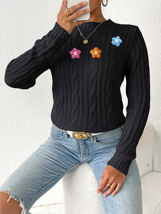 Damen-Top mit Rundhalsausschnitt, Pullover mit einfacher handgehäkelter Blumen-Applikation, gewebter Pullover