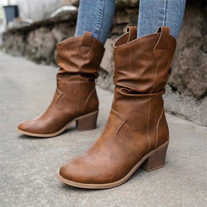 Cowboy-Boots Damen mit Stapelabsatz, runde Zehenpartie