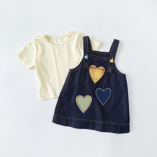 Baby Jeans-Latzkleid-Set, Sommer, kurzarm, zweiteilig