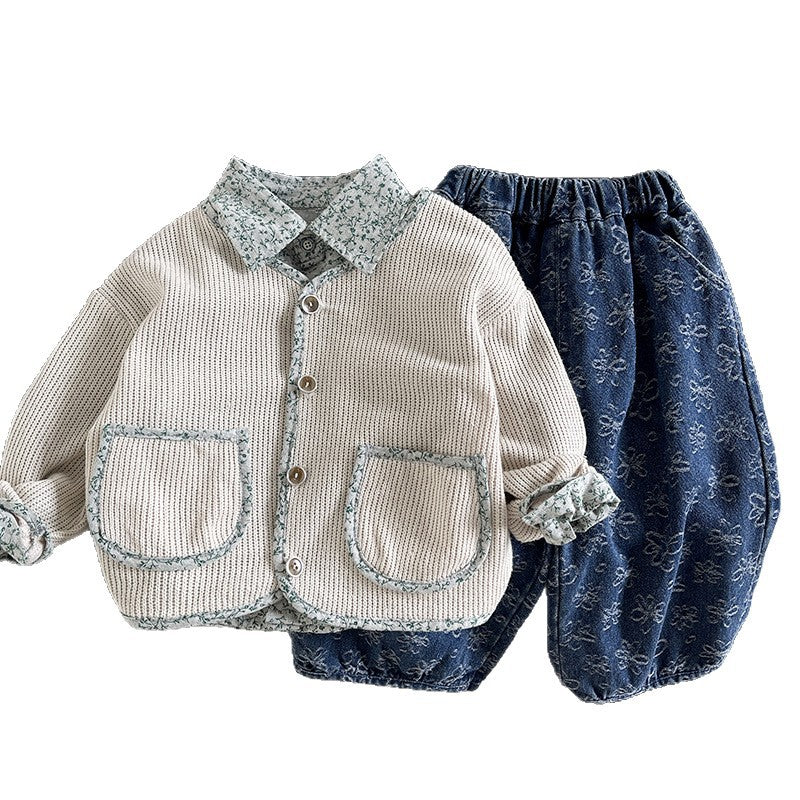 Children's clothing spring and autumn cardigan shirt three piece set