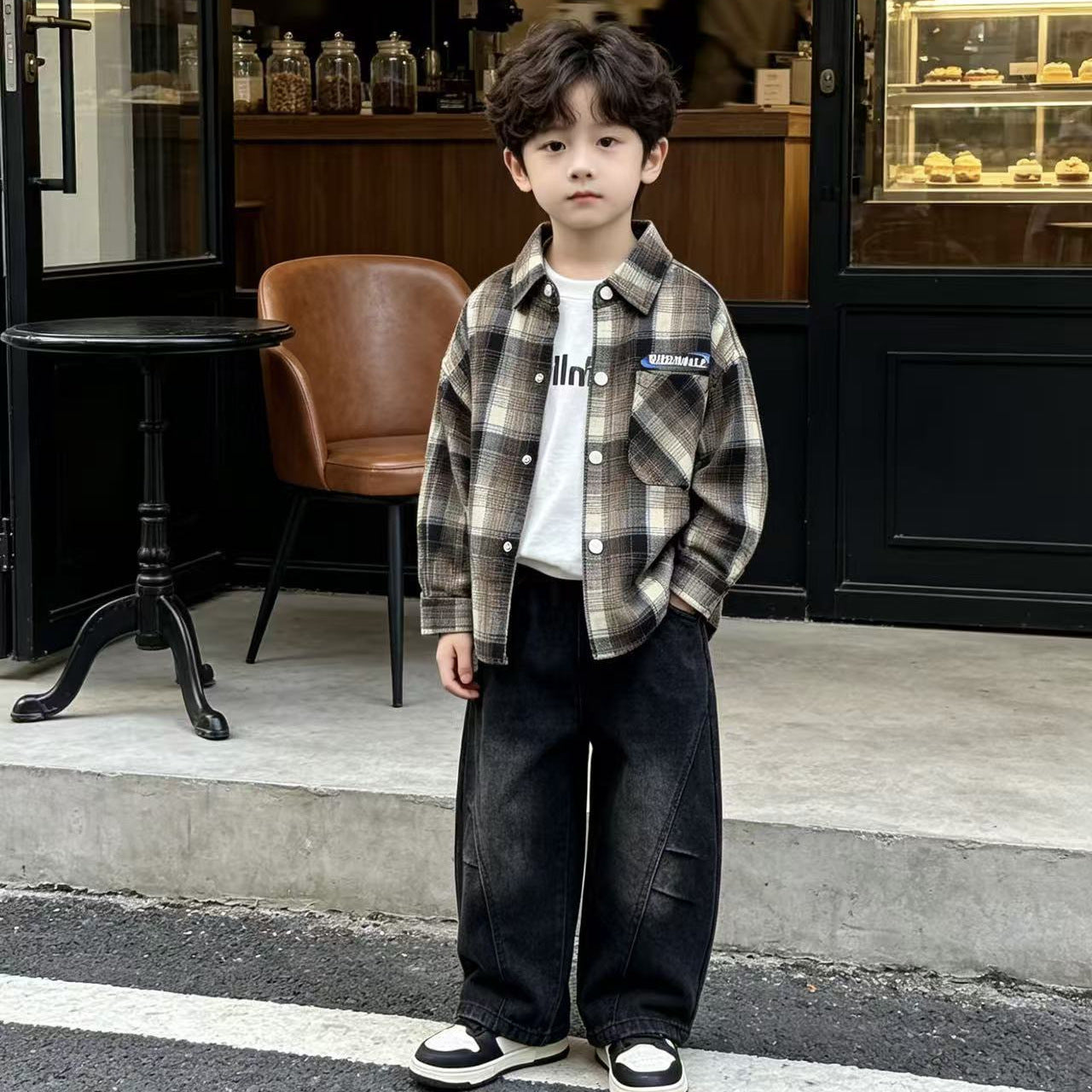 Small and medium-sized children's checkered shirt long sleeved three piece set