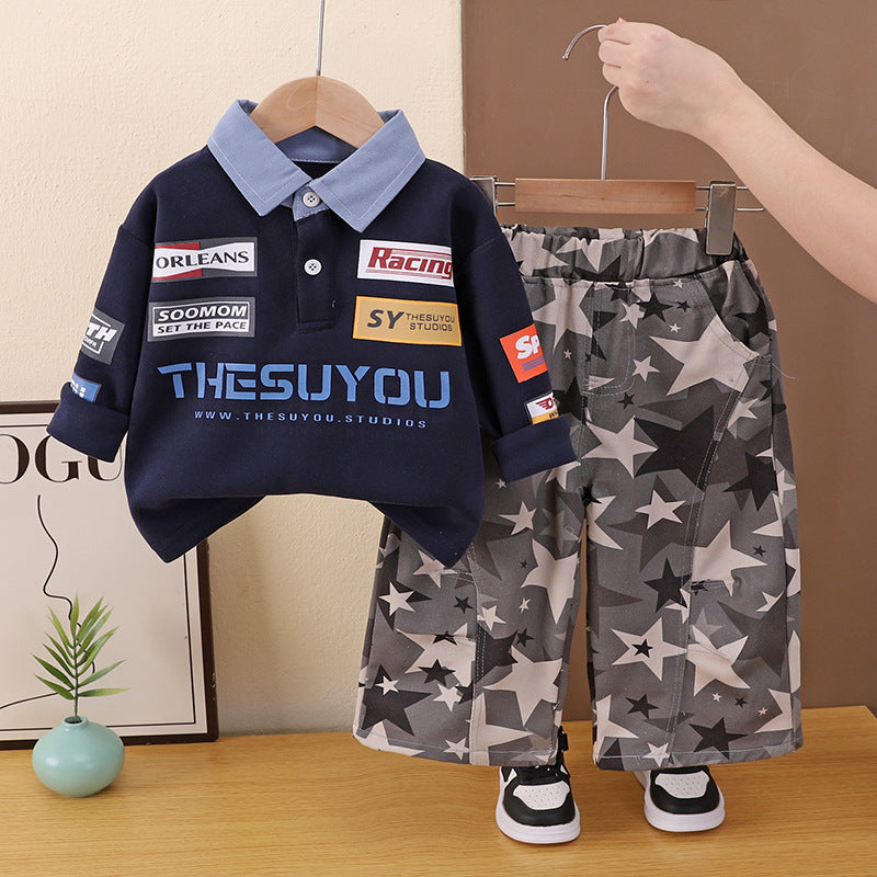 Baby boy casual long sleeved polo shirt two-piece set