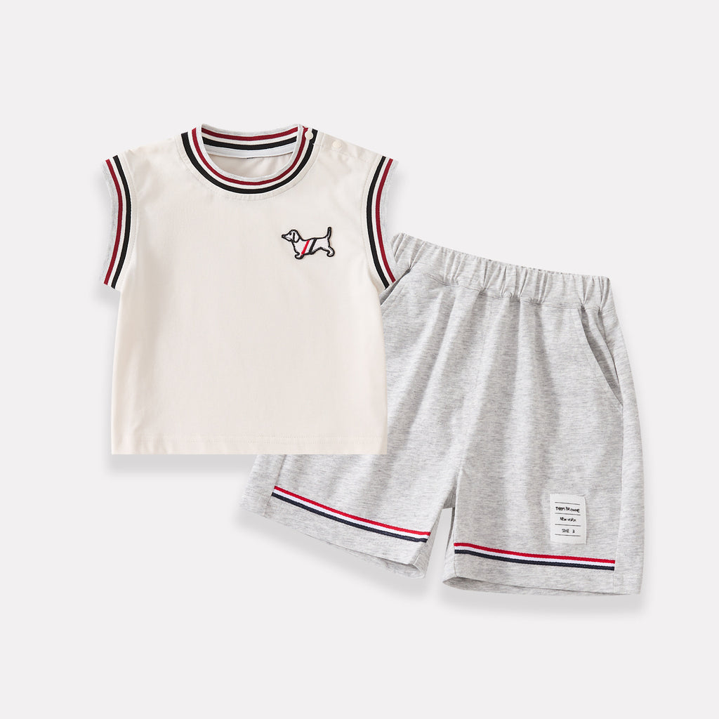 Color-Blocking Collar Cartoon Embroidered Vest with Breathable Shorts Knit Two-Piece Set