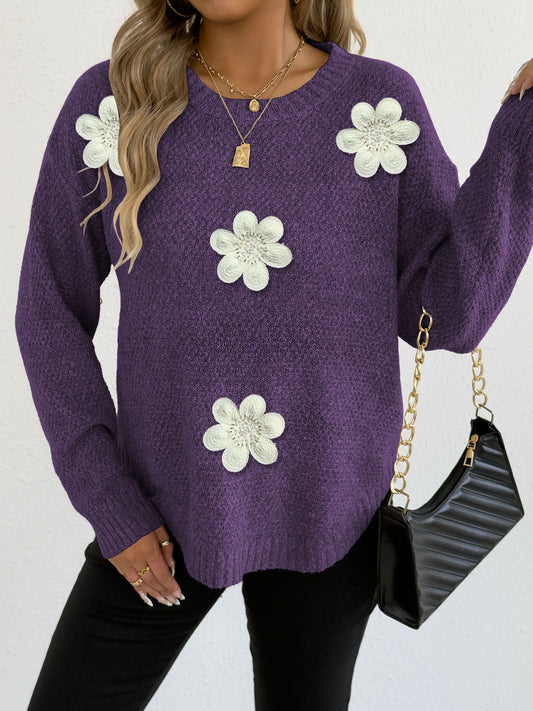 Strick-Top Damen bestickt mit 3D-Blumen-Patchwork, Rundhals