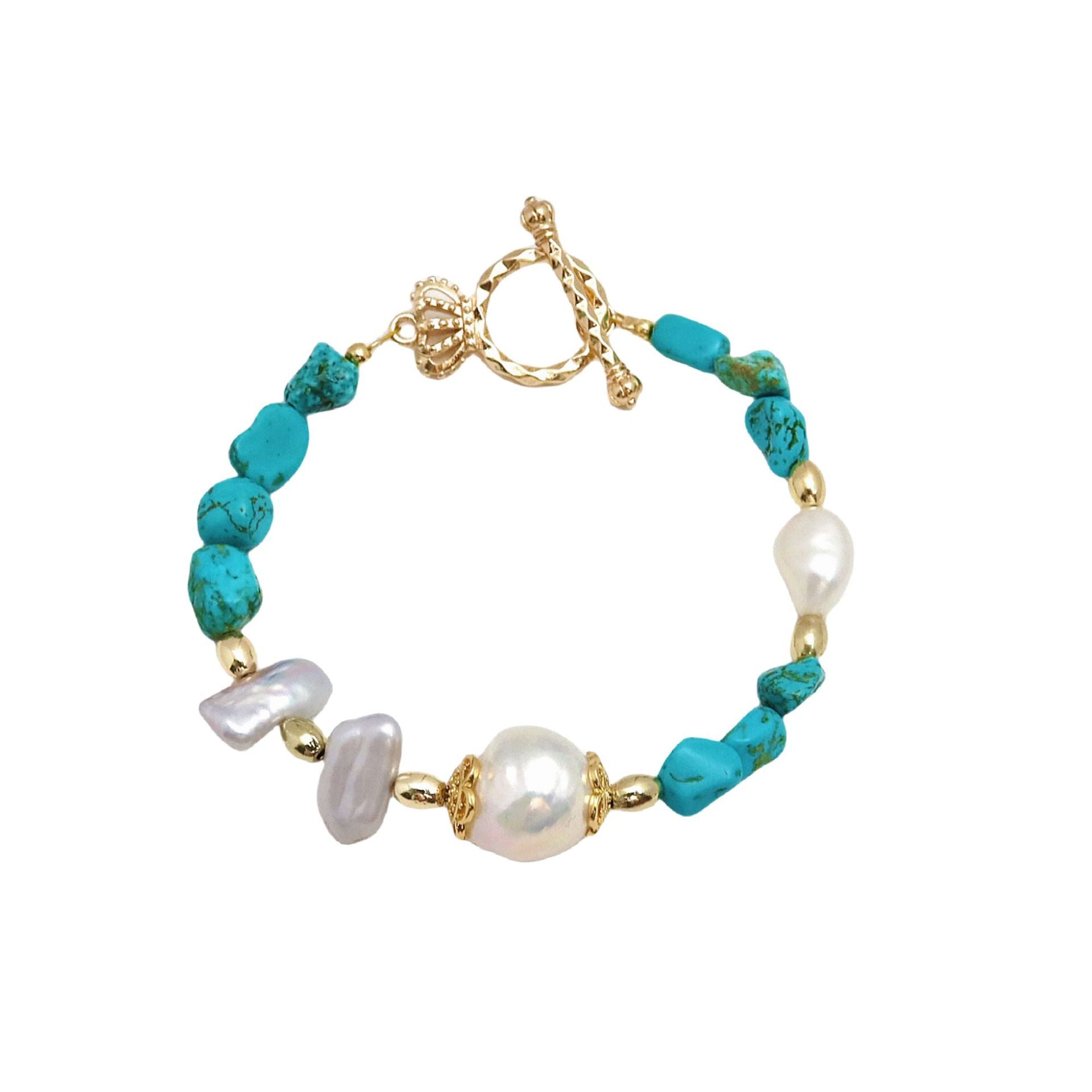Freshwater Baroque Pearl Turquoise Beaded Bracelet Necklace, Natural Stone Bracelet, Original Design, Lightweight Luxury, Elegant Style