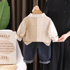 Baby autumn color blocked shirt long sleeved three piece set