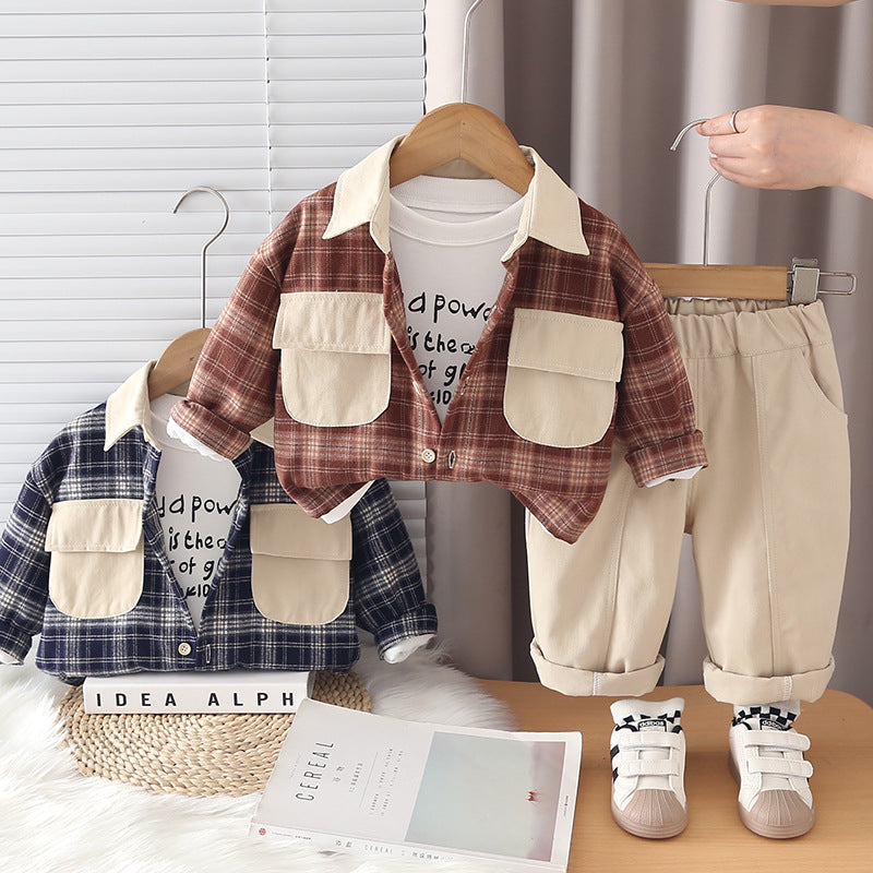 Checkered shirt long sleeved three piece set for baby and children's casual clothes