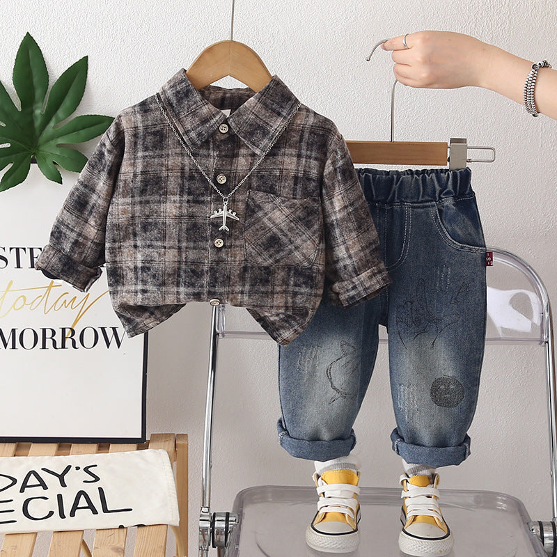 Baby autumn checkered shirt long sleeved two-piece set