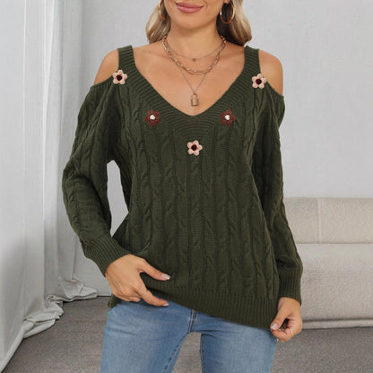 Damen Häkelpullover mit Off-Shoulder, tiefem V-Ausschnitt und 3D-Verzierungen