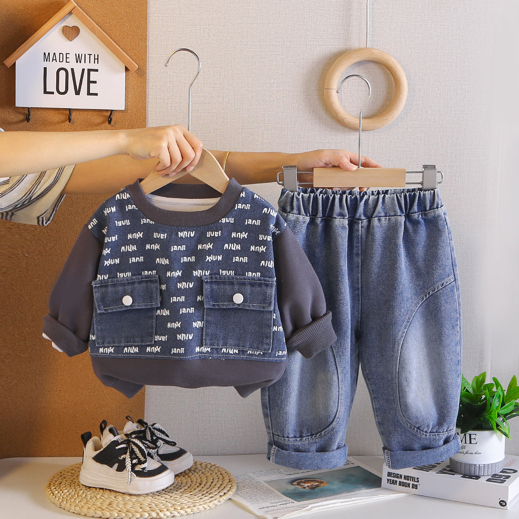 Spring and Autumn Baby Casual Splicing Letter Hoodie Two Piece Set
