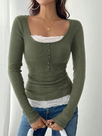 Fashion Simple Round Neck Lace Panel Single Button Slim Fit Long Sleeve Top