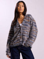 Fashionable Vintage Deep V-Neck Melange Fleece Long Sleeve Cardigan