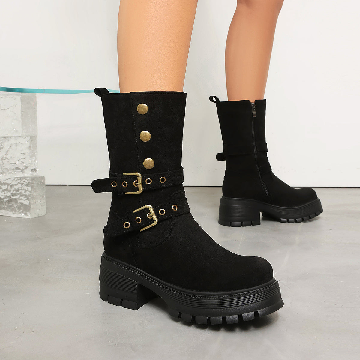 Damen Stiefeletten mit dicker Sohle und High Heel, Punk-Style mit Gürtelschnalle