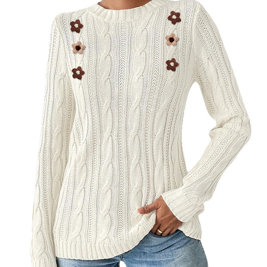 Strickpullover Damen Häkelblumen Patchwork Rundhals Basic
