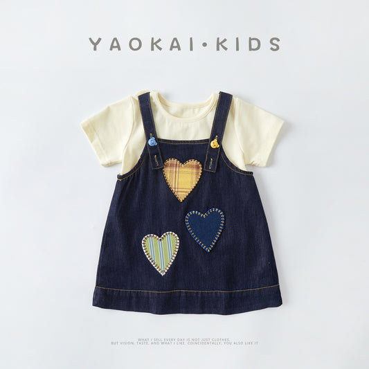 Baby Jeans-Latzkleid-Set, Sommer, kurzarm, zweiteilig