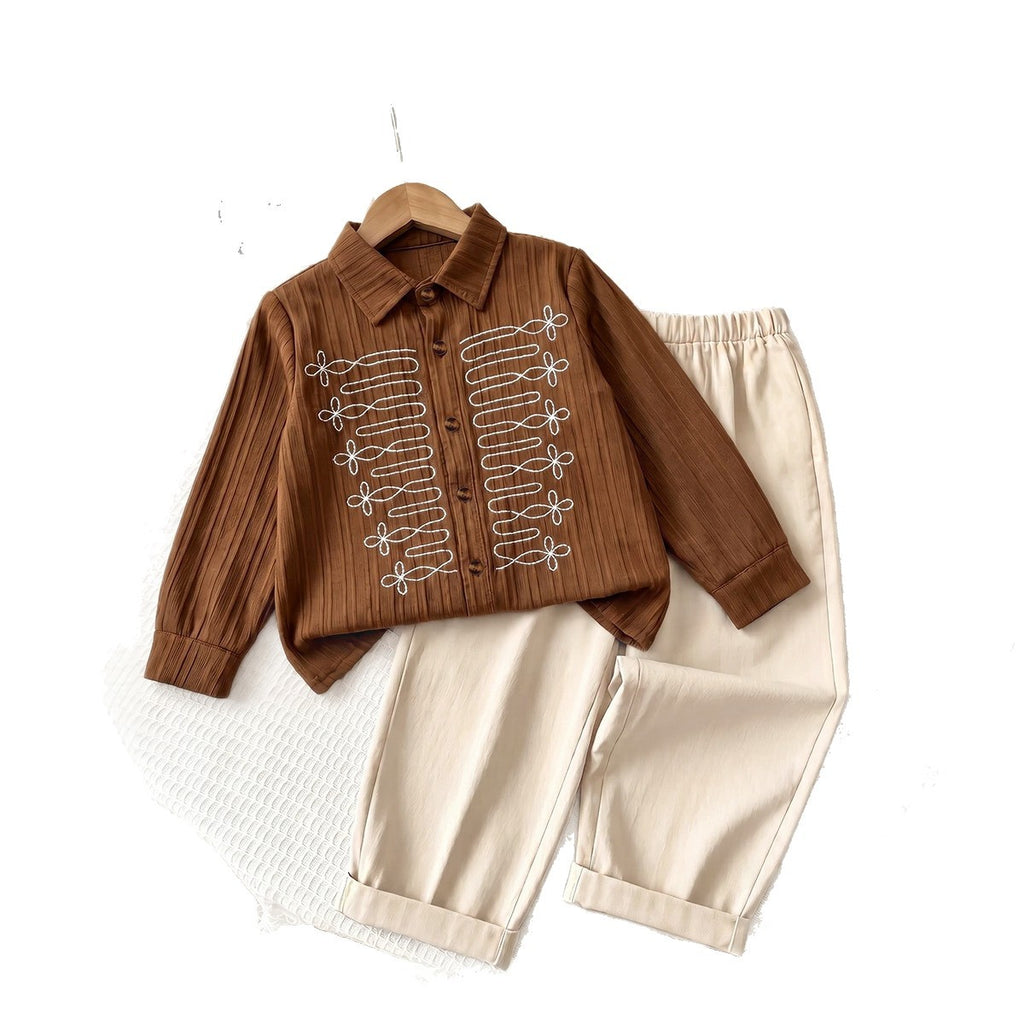Retro Vertical Stripe Embroidered Shirt Set for Boys